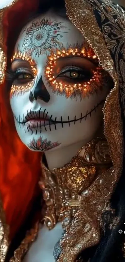 Woman with intricate sugar skull makeup and glowing accents