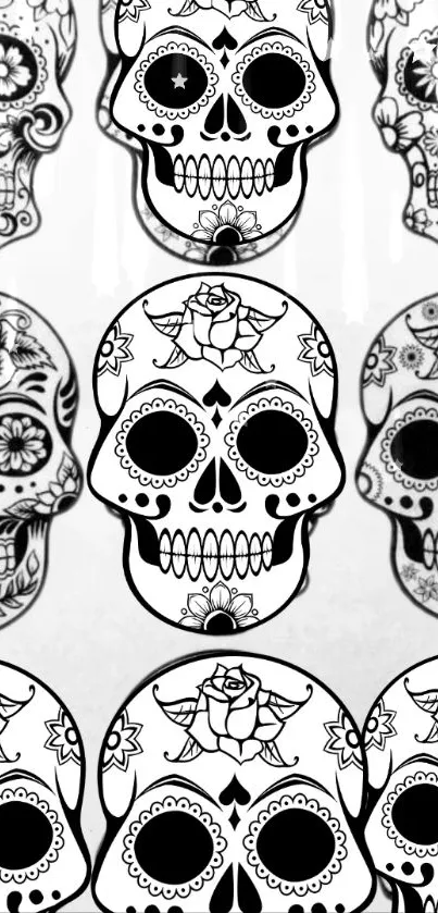 Black and white sugar skull wallpaper with intricate floral designs.