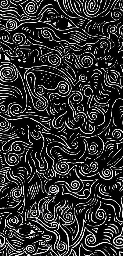 Intricate black and white swirl pattern mobile wallpaper.