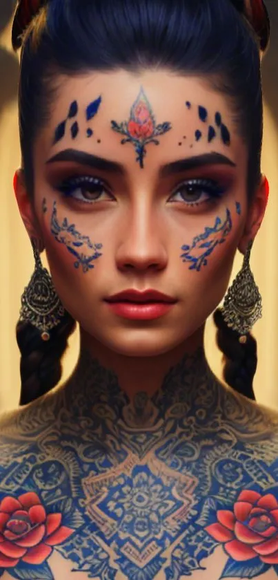 Woman with intricate facial and chest tattoos in warm beige light.