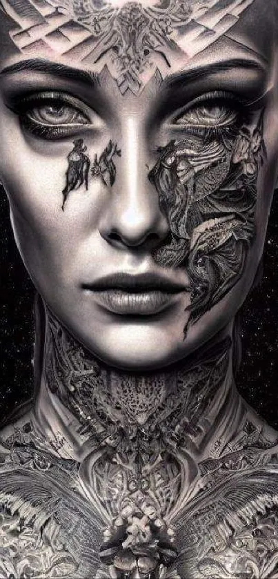 Intricate tattoo art wallpaper on a woman's face, showcasing detailed design.