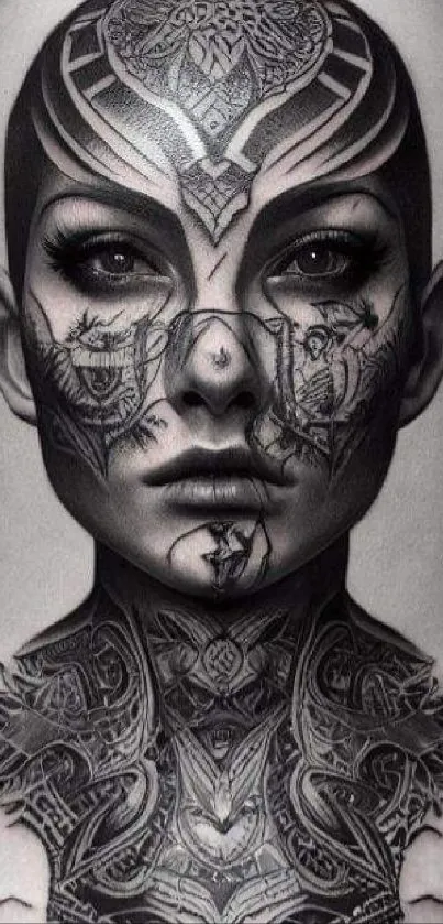 Intricate black and white tattoo art portrait mobile wallpaper.