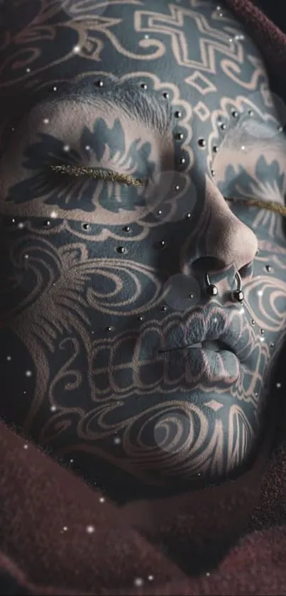 Mysterious face with intricate tattoo art and dark hues, perfect for mobile wallpaper.