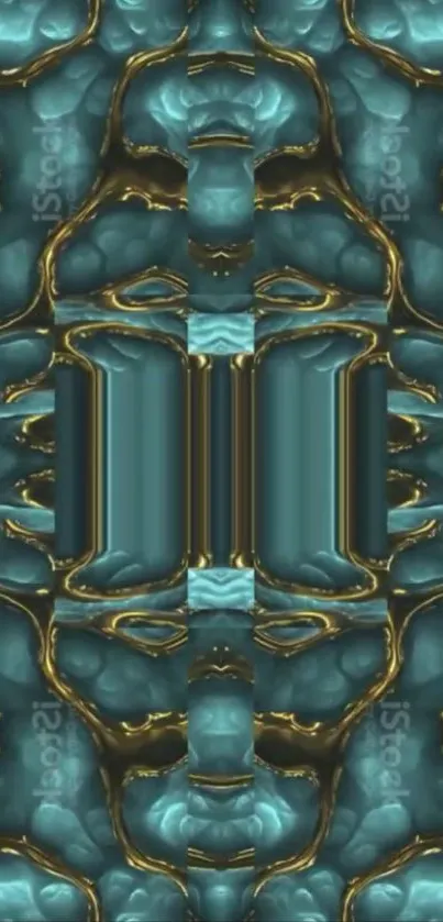 Fluid teal and gold abstract mobile wallpaper design.