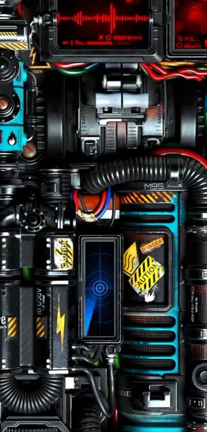 Intricate tech gear design with colorful wires and mechanical elements.