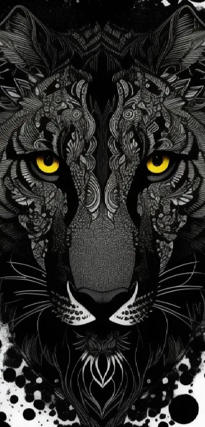 Intricate black and white tiger art with yellow eyes.