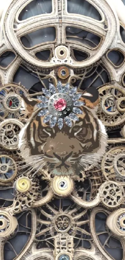 Intricate tiger with mechanical elements mobile wallpaper.