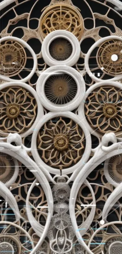 An intricate clock design with gears and artistic details on a mobile wallpaper.