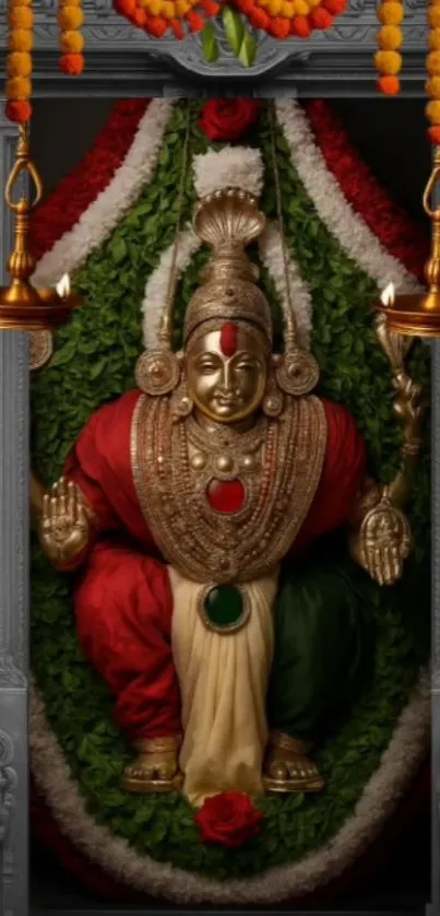 Intricate deity art with ornate decorations centered in vibrant colors.