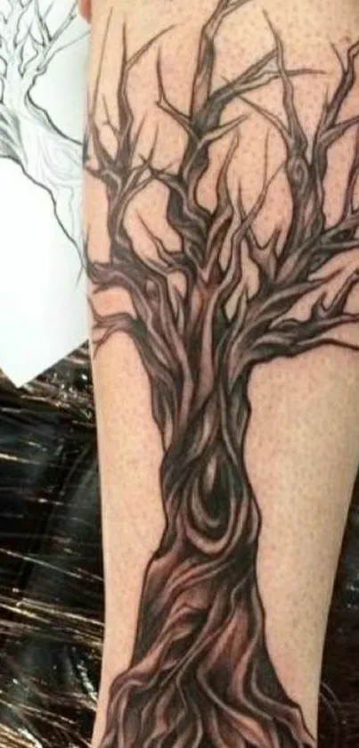 Intricate tree tattoo design on skin, perfect for mobile wallpaper.