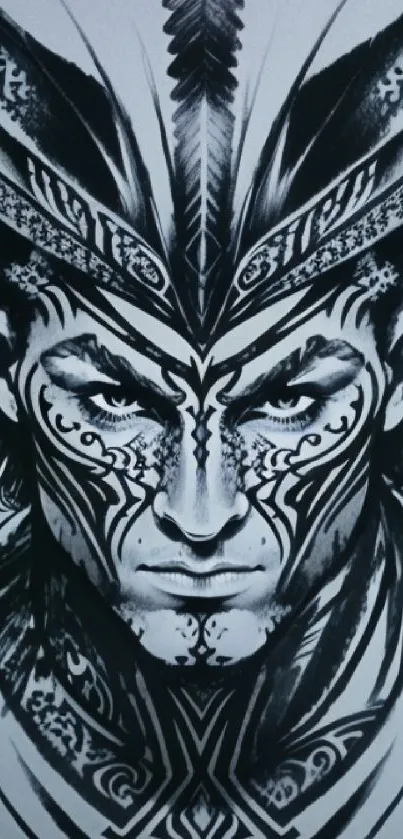 Intricate black and white tribal art face design wallpaper.