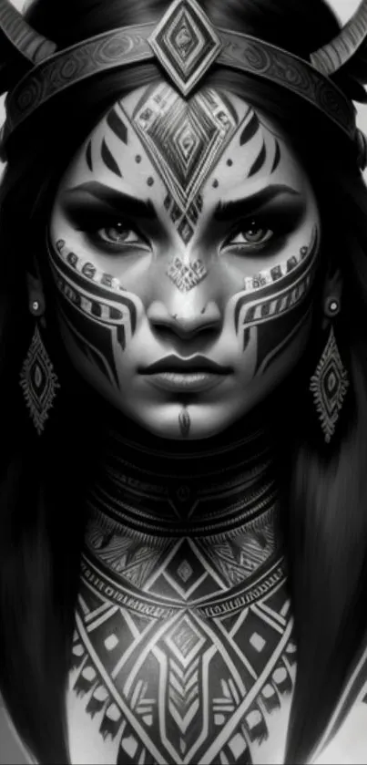 Intricate tribal art woman portrait in monochrome design.