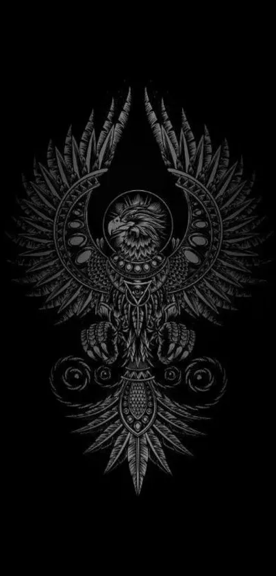 Intricate tribal eagle design on black wallpaper.