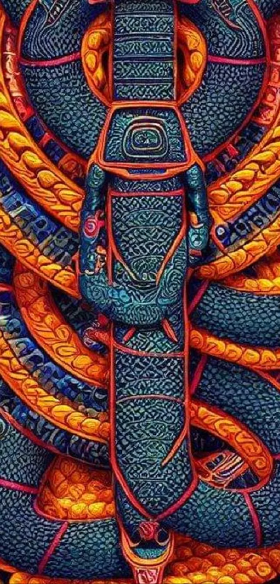 Intricate tribal snake pattern in vibrant colors.