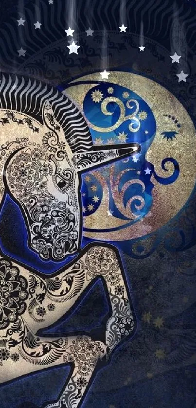 Intricate artwork of a unicorn with celestial moon.