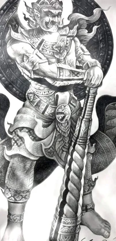 Black and white detailed warrior sketch illustration.