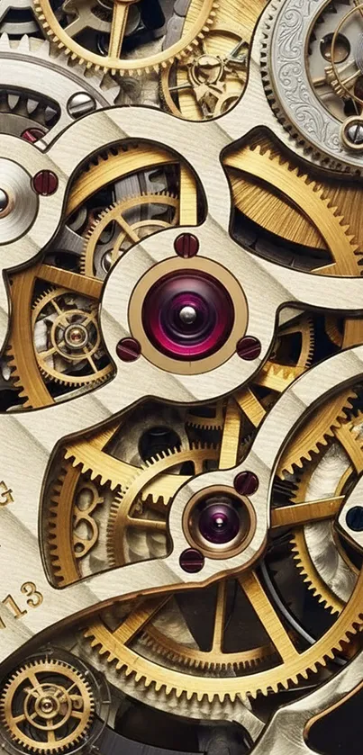 Close-up of intricate watch gears in gold tones.