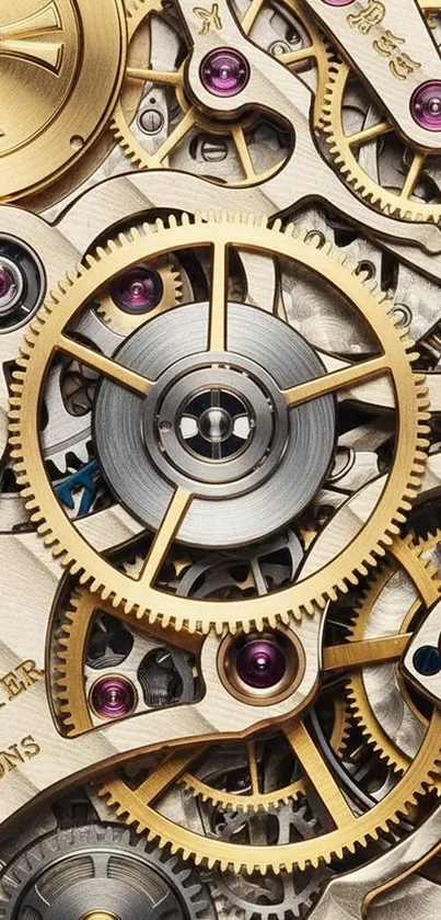 Close-up of intricate watch gears and cogs in gold and silver.
