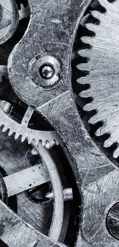 Close-up of intricate metal watch gears in black and white wallpaper.