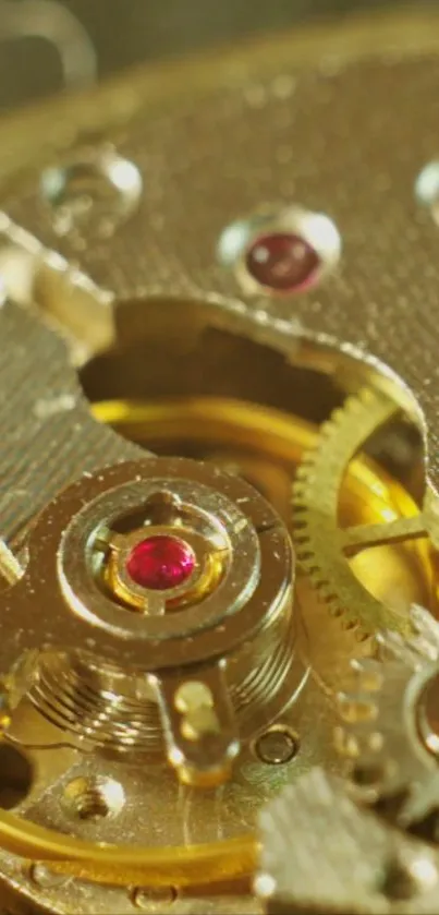 Close-up of intricate gold watch mechanism with visible gears and jewels.