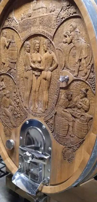 Intricate wood carving on a wine barrel showcasing detailed artistic design.