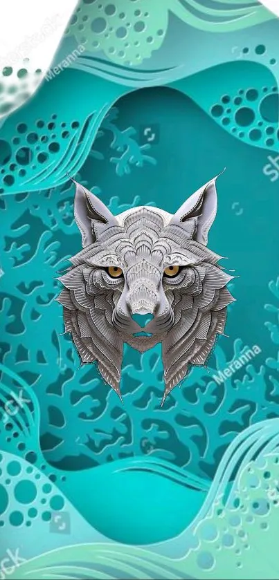 Intricate wolf design with teal background.