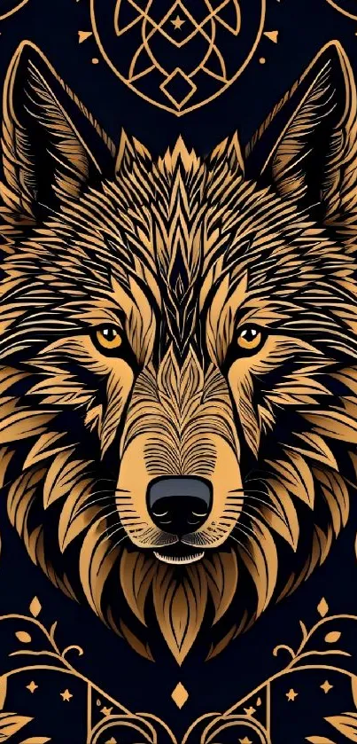 Intricate geometric wolf art on dark blue background.