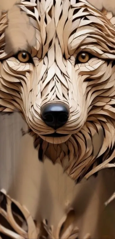 Intricate wooden wolf art wallpaper.