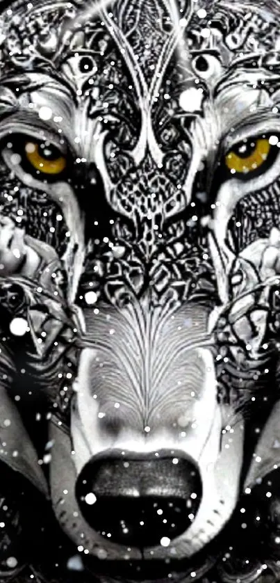 Intricate grayscale wolf art design with striking yellow eyes.