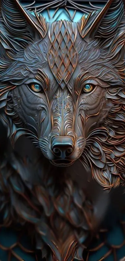 Intricate wolf design with blue eyes and copper accents.