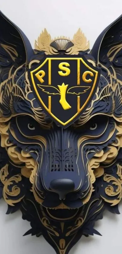 Intricate wolf emblem with gold accents on mobile wallpaper.