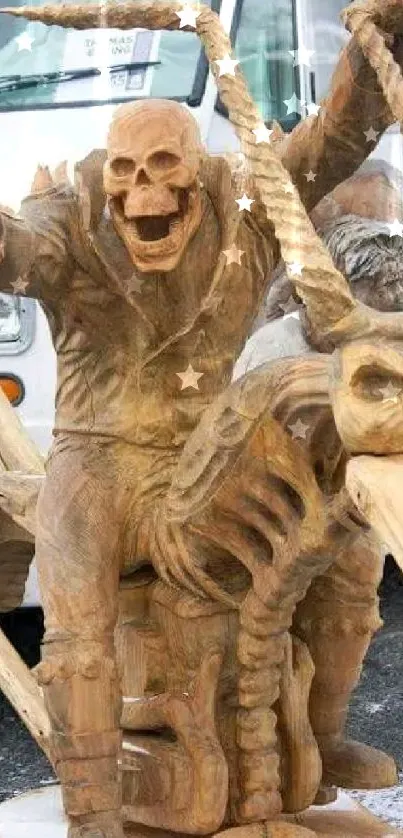 Wood sculpture of a skeleton rider on a mythical creature.