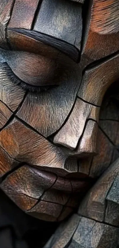 Intricate wooden face sculpture with delicate details.