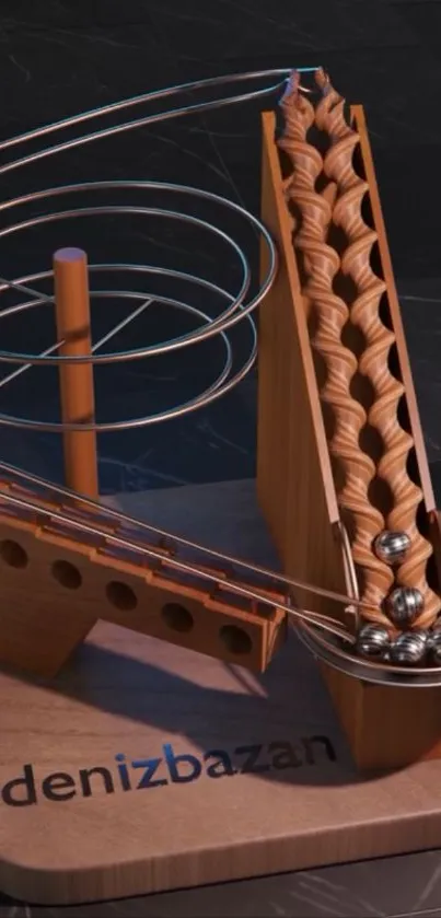 Intricate wooden marble track on display.