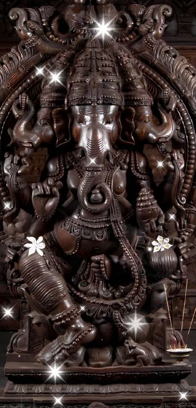 Intricate wooden sculpture of a deity detailed and traditional design.