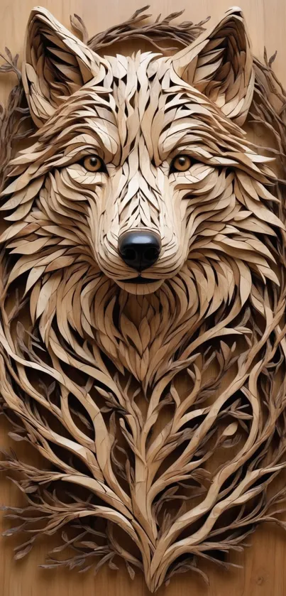 Intricate wooden wolf art with detailed carvings and natural textures.