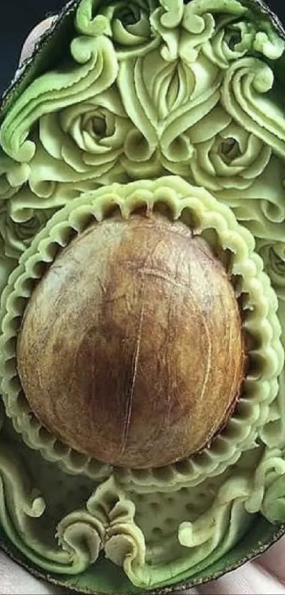 Intricately carved avocado art with seed.