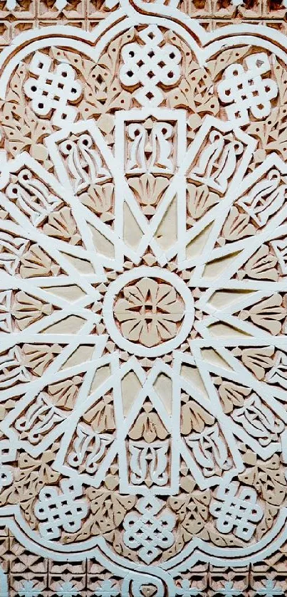Ornate geometric patterned mobile wallpaper with warm earthy tones.