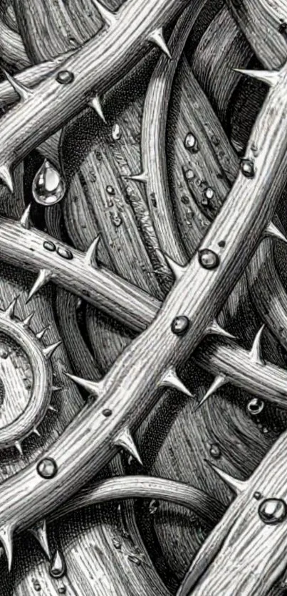 Intricate pattern of twisted thorns with water droplets in grayscale design.