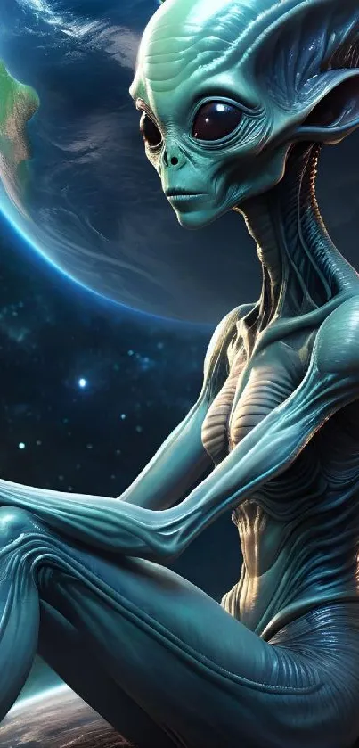 Alien figure with a planet backdrop in space-themed wallpaper.