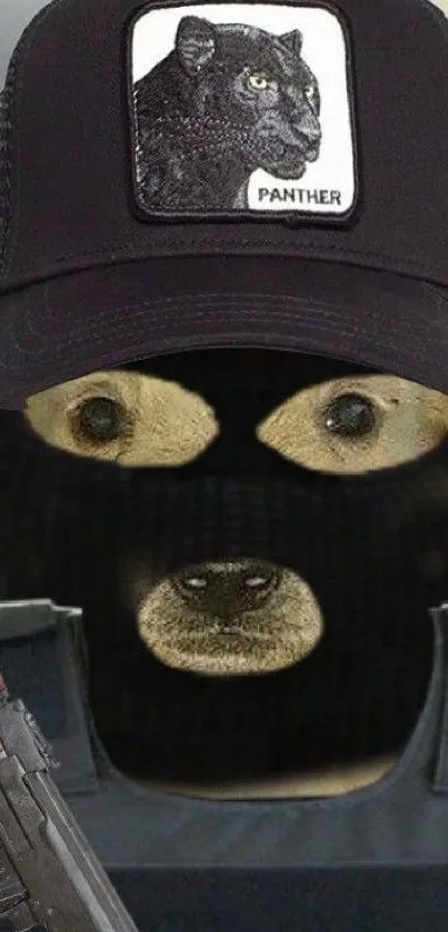 Dog wearing a black hat and mask with a rifle.