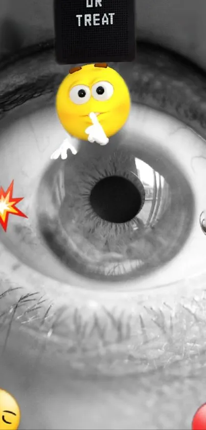 Grayscale eye with vibrant emoticons overlay.