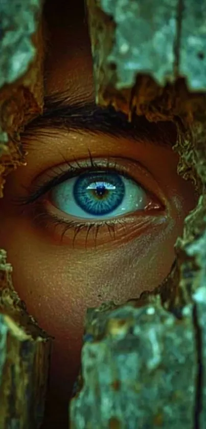 A blue eye looking through a hole in wood texture.