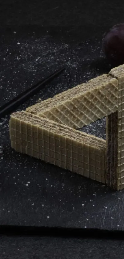 Geometric wafer on dark slate with grapes and chopsticks
