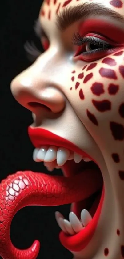 Artistic red leopard design with fantasy theme on mobile wallpaper.