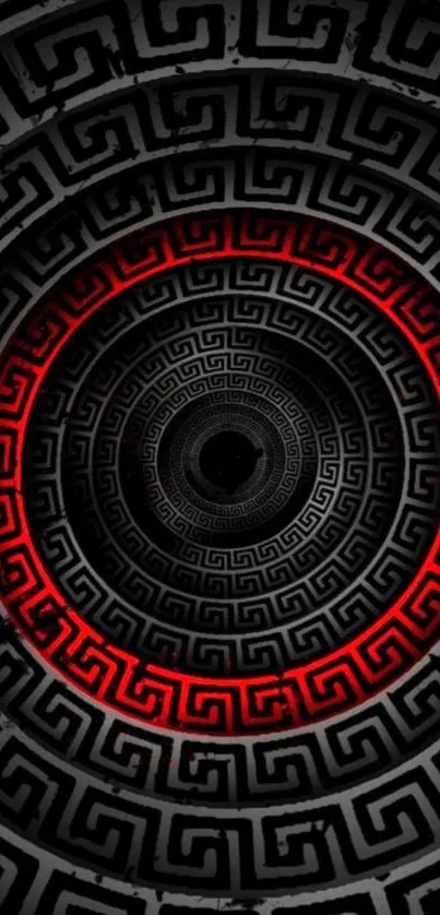Black and red geometric spiral wallpaper with striking patterns.