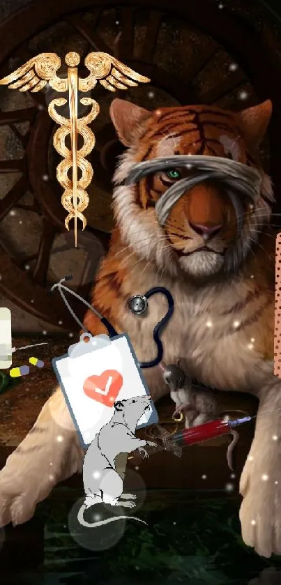 Tiger with medical symbols in artistic wallpaper design.