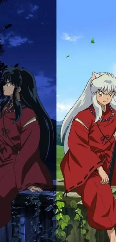 Inuyasha wallpaper featuring day and night scenes in vibrant colors.