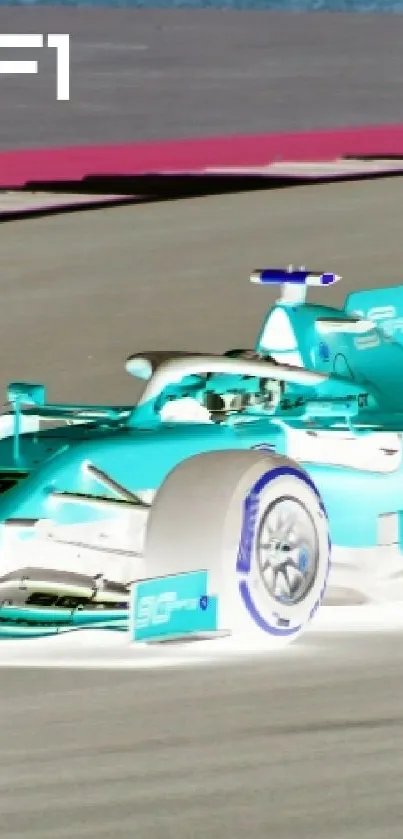 Inverted teal Formula One race car on track.