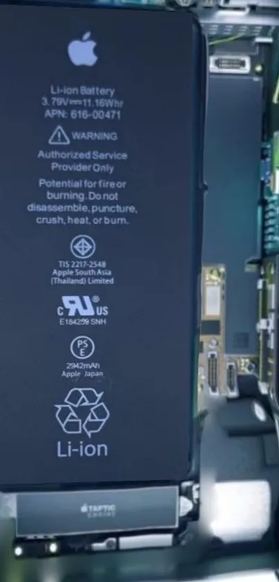 Close-up of iPhone battery and circuit design inside a phone.